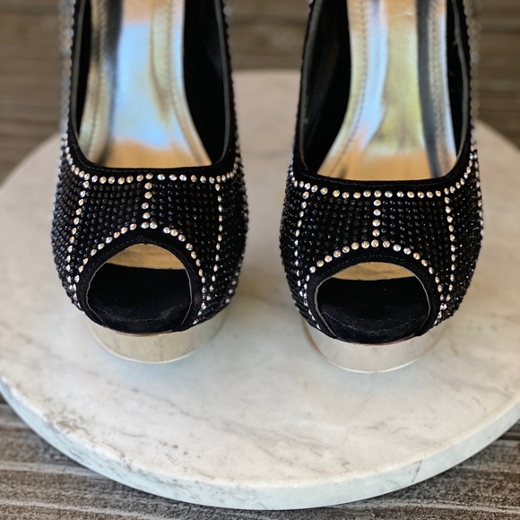 Peep Toe Crystal Studded High Heel Stiletto Pumps - Picture 5 of 6